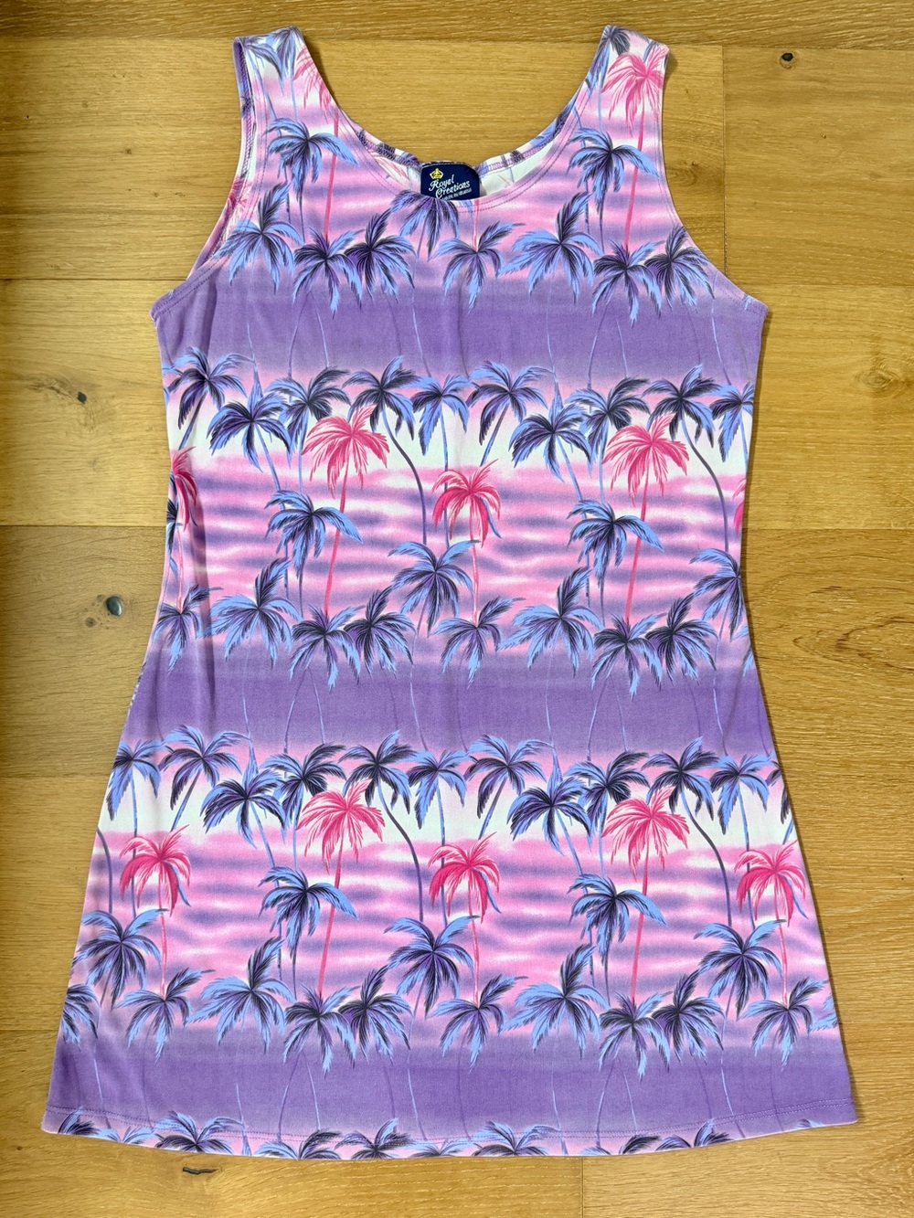 VTG 90s Royal Creations Palm Tree Sunset Wakiki Hawaii Tropical Tank Mini Dress